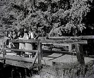 Benjamin Geat und eine Personengruppe auf einer Holzbrücke im Wald. 