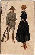 Ein Soldat mit Gewehr und eine Frau in einem eleganten Kleid stehen sich gegenüber. 