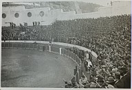 Scorcio dell'arena con il folto pubblico tutto in piedi che fa il saluto romano.